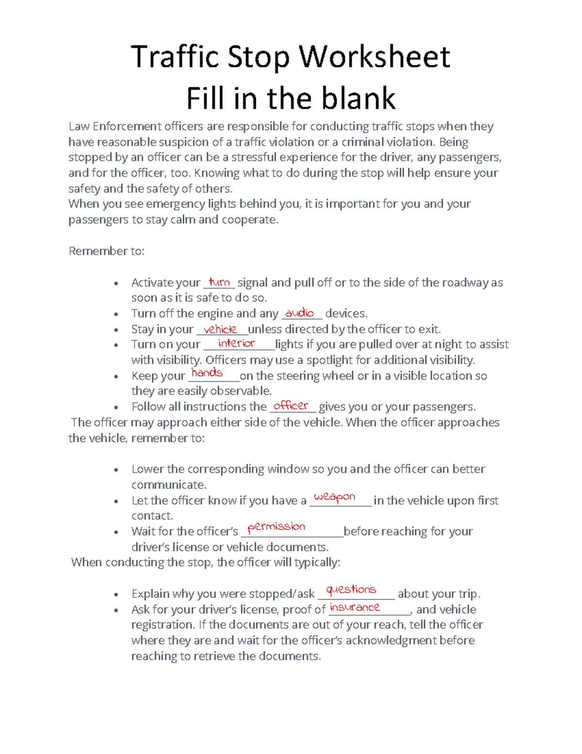 Traffic Stop Worksheet - Fill in the Blanks Exercise for Law ...