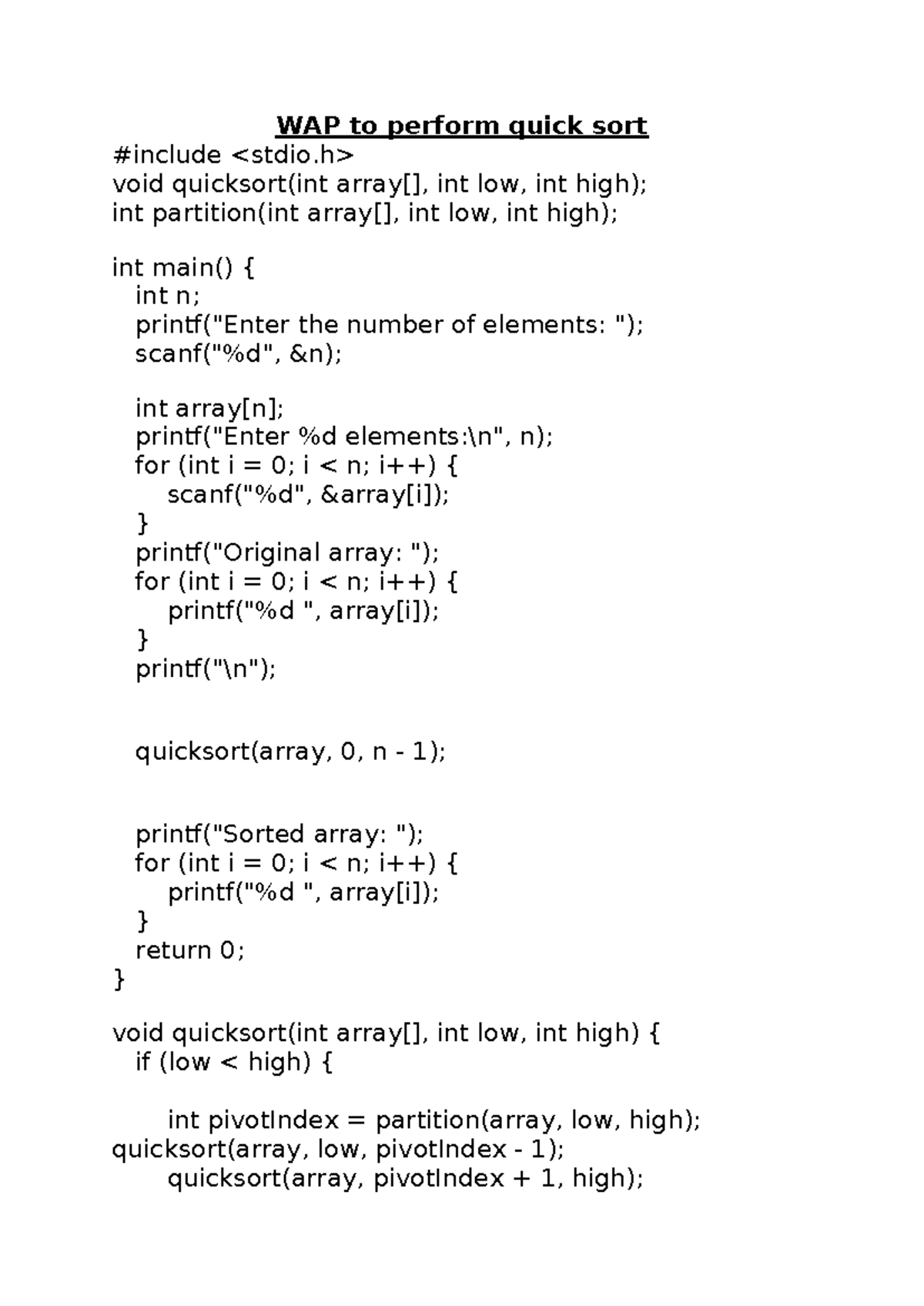 Quick sort - Important - WAP to perform quick sort #include void ...