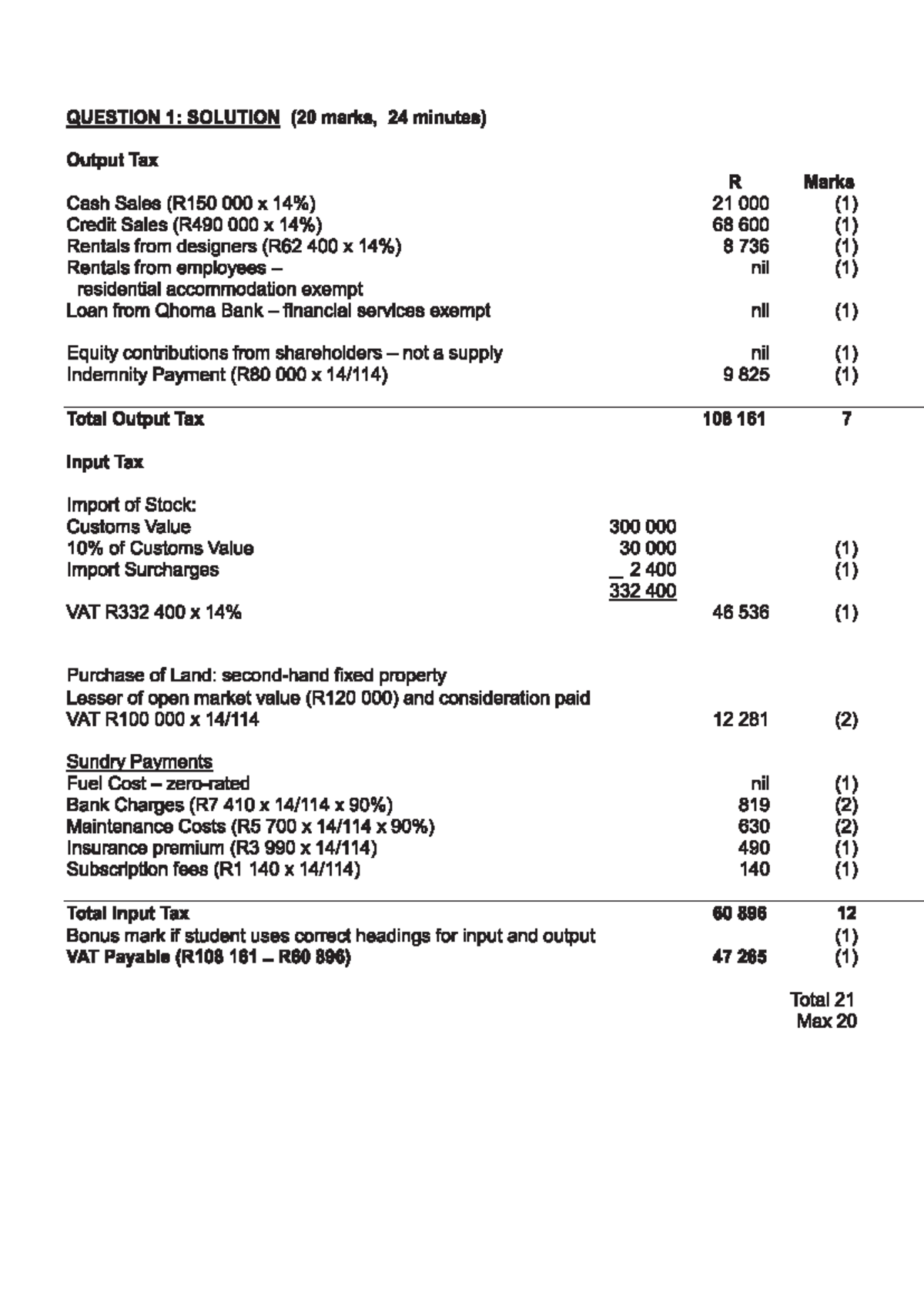 VAT Calculation Solution for Question 1 (20 Marks, 24 Minutes) - Studocu