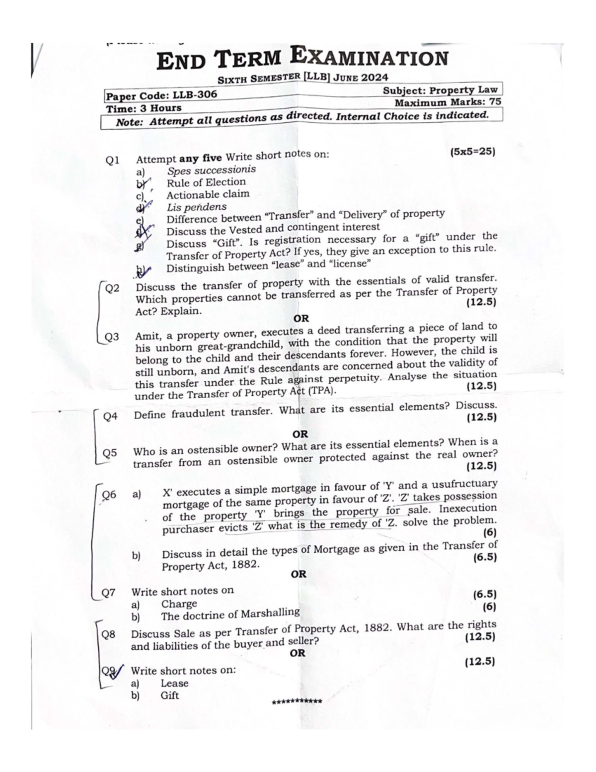 6th Semester Property Law End Term Exam Paper 2024 IPU-3 - Studocu