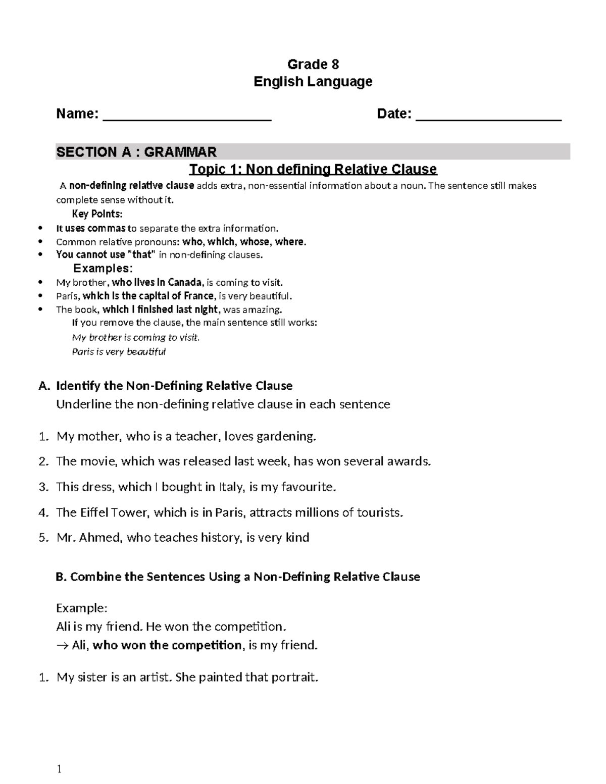 Grade 8 English Language - Grammar Notes on Relative Clauses & More ...