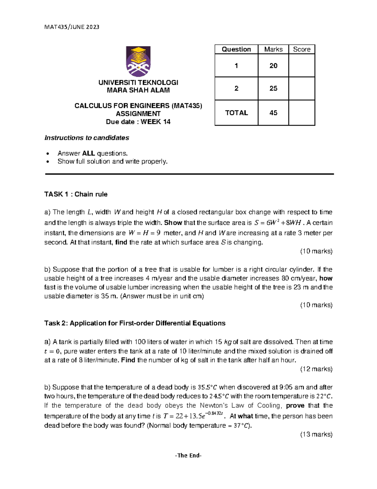 MAT435 Calculus for Engineers Assignment - June 2023 - Studocu