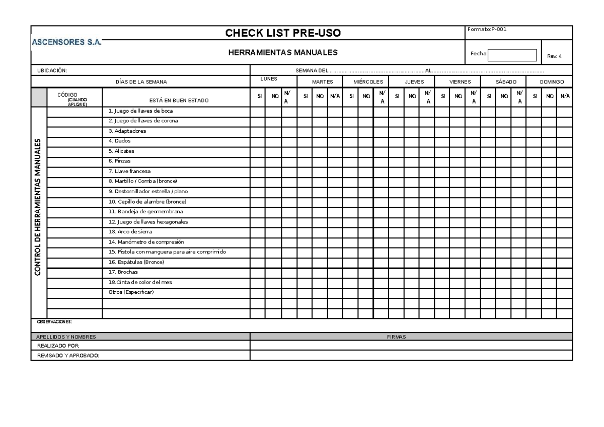 CHECK LIST P-001: Herramientas Manuales y Control de Estado - Studocu