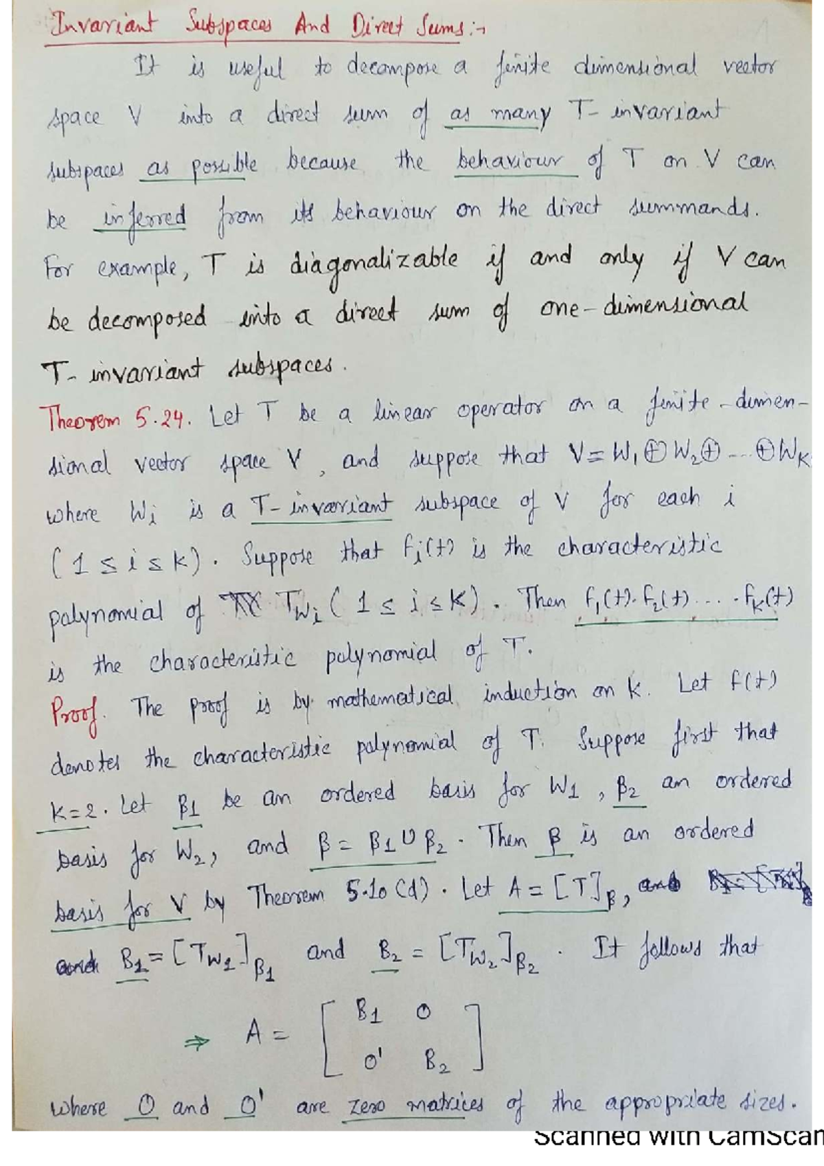 Invariant Subspaces and Direct Sums in Linear Algebra - Studocu