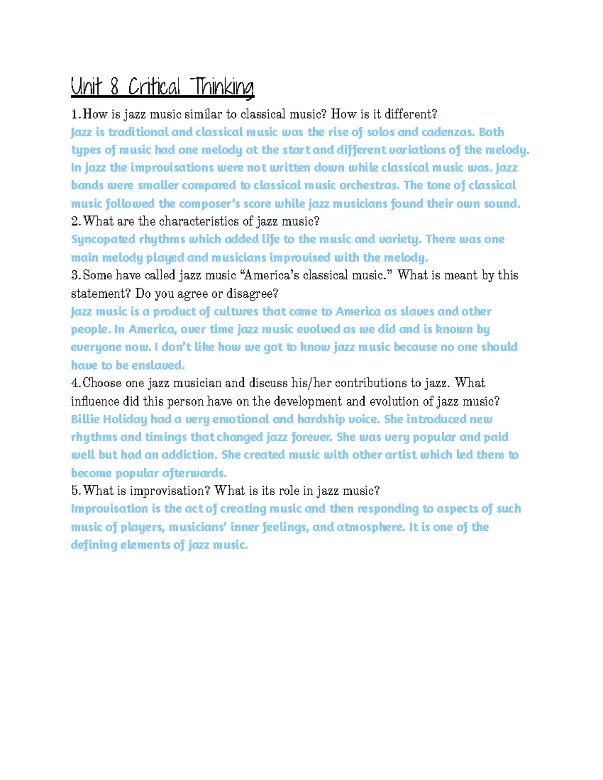 Music Appreciation Unit 4: Critical Thinking Questions & Insights - Studocu