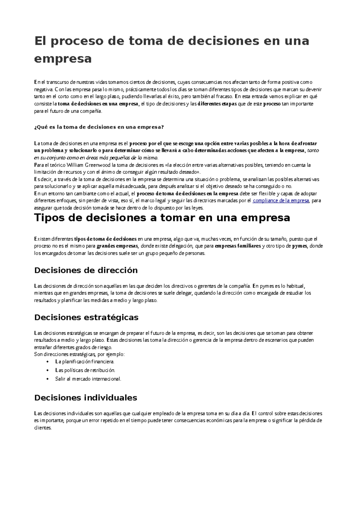 Toma de Decisiones en Empresas: Proceso y Tipos de Decisiones - Studocu