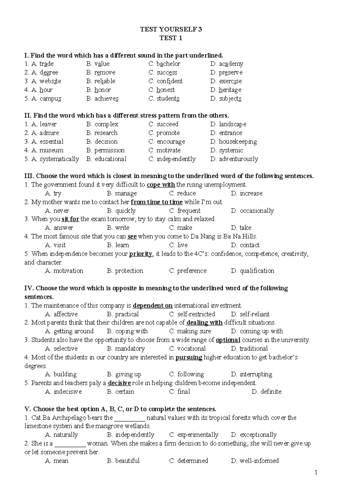 29. TEST Yourself 3 - TEST 1 - TEST YOURSELF 3 TEST 1 I. Find the word ...