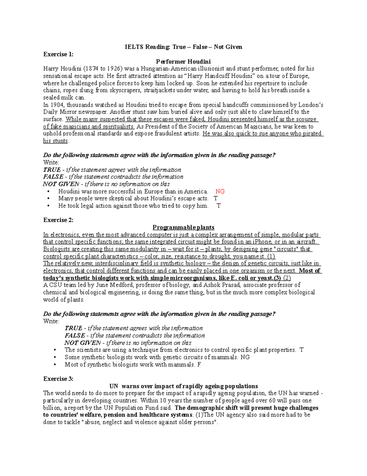 Exercise 1: IELTS Reading Practice - True/False/Not Given Statements - Studocu