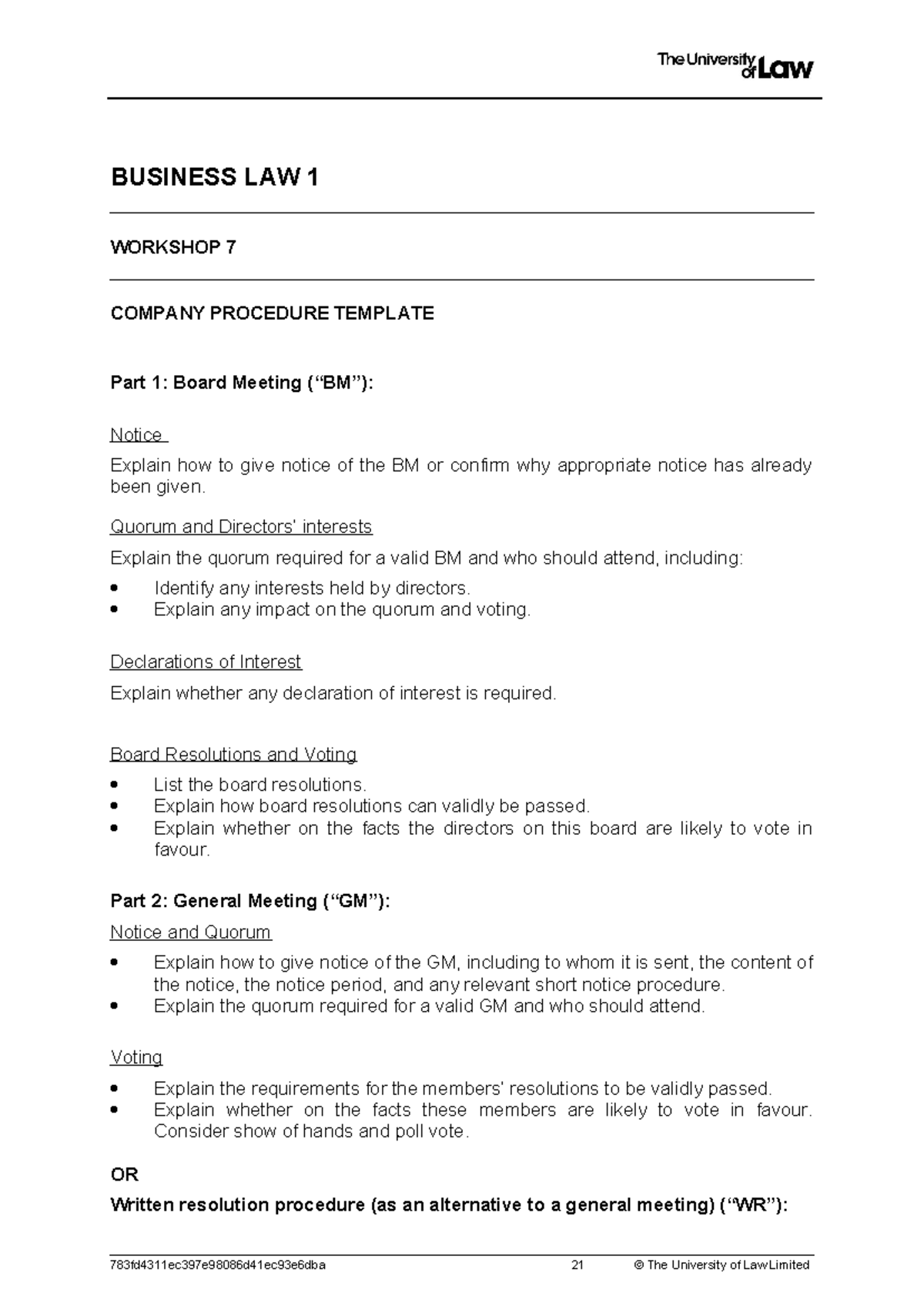 2324 BUS1 Workshop 7: Company Procedure Template Guide - Studocu