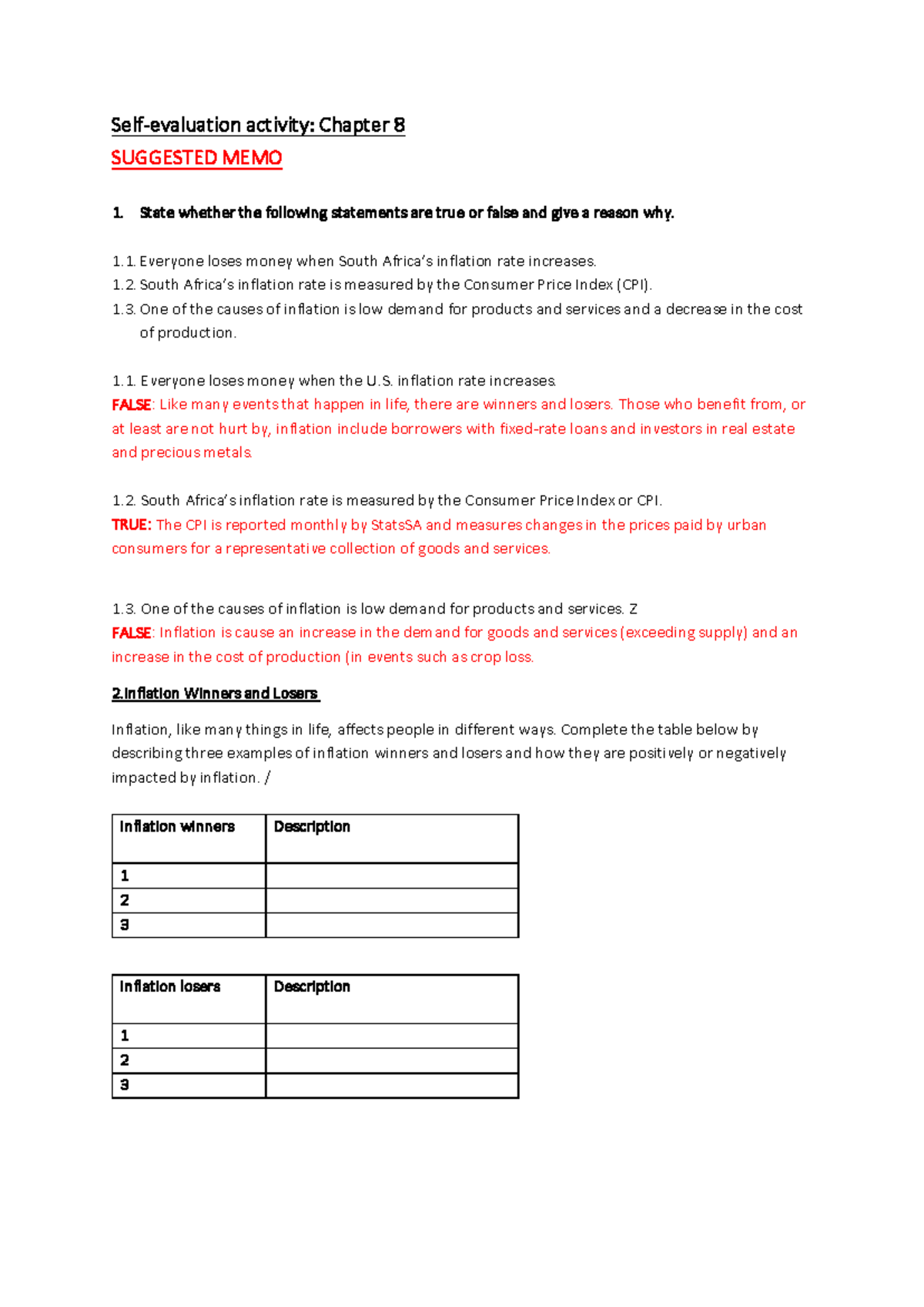 Suggested Memo - Self-evaluation activity Chp 8 - Self-evaluation ...