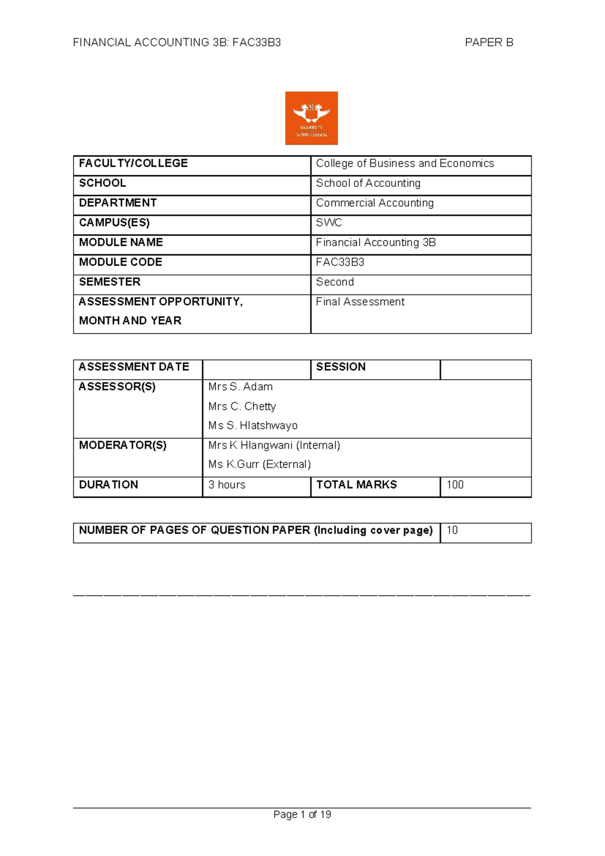 FAC33B3: Financial Accounting 3B Final Exam Paper B 2024 - Studocu