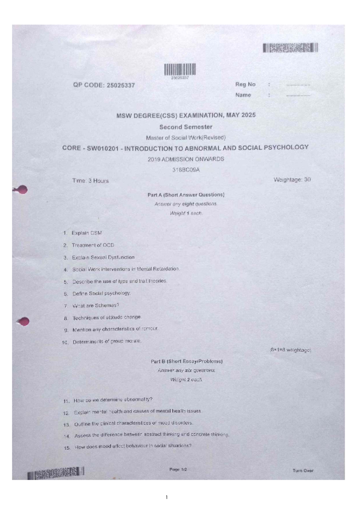 MSW 25025337 2nd Sem Introduction to Abnormal & Social Psychology Exam ...