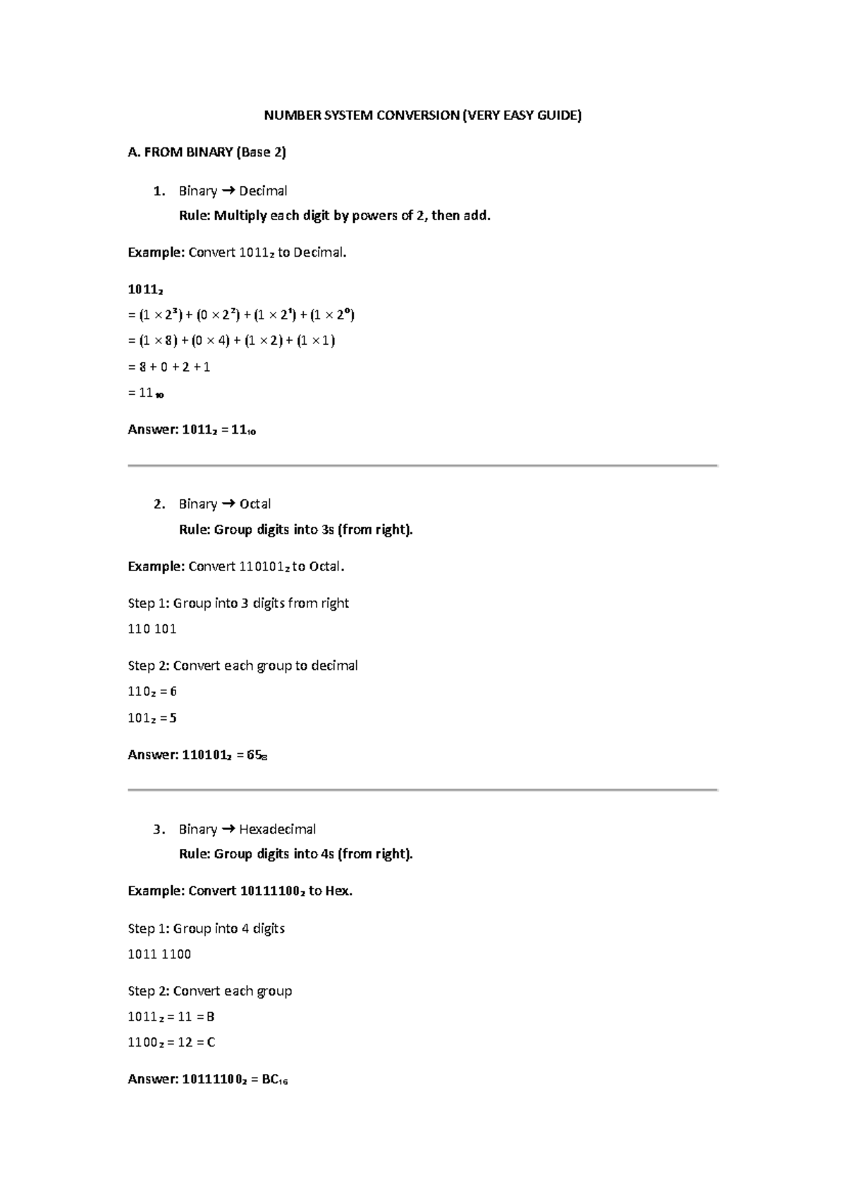 NUMBER SYSTEM CONVERSION (BINARY, DECIMAL, HEXADECIMAL) - Studocu