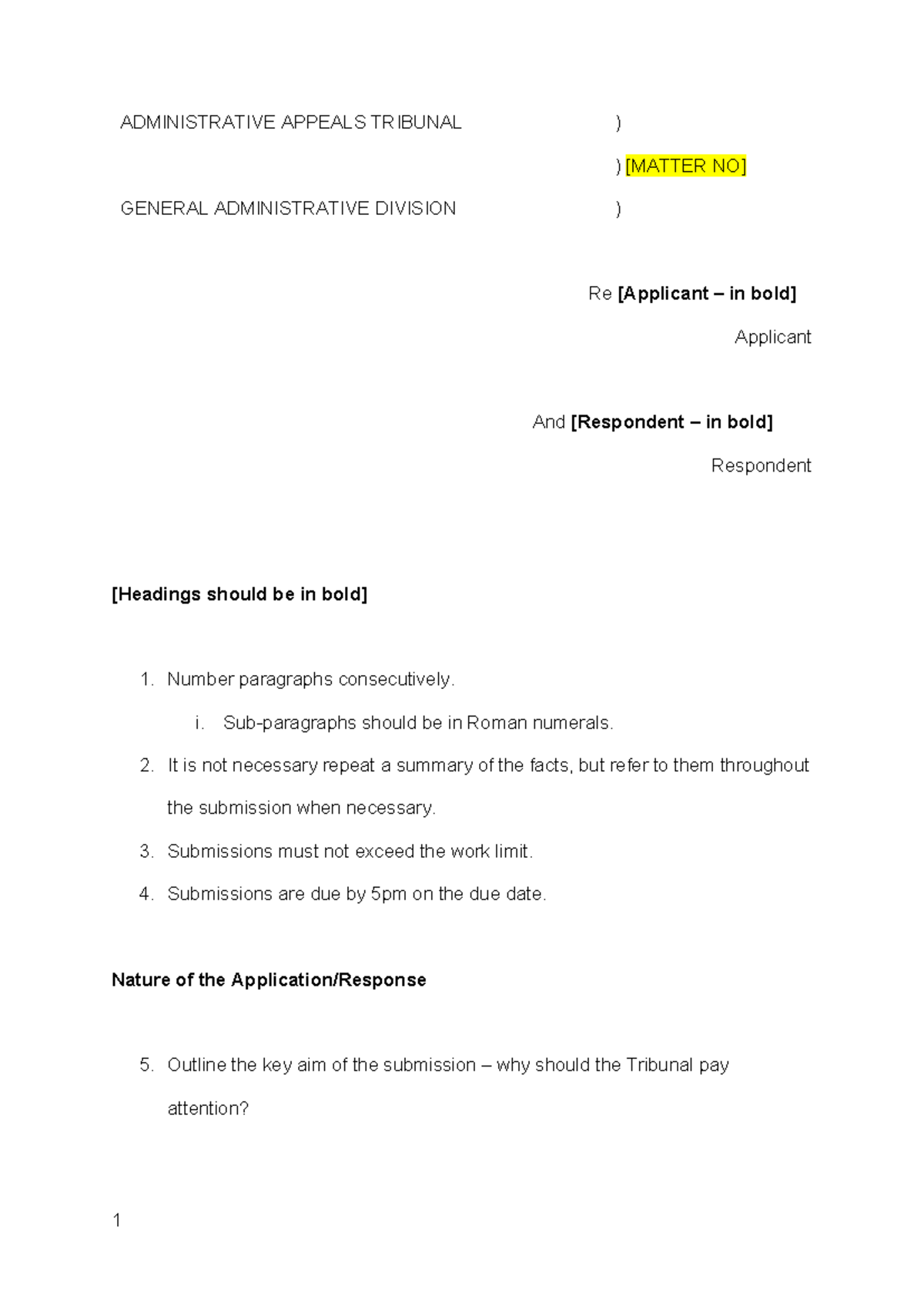AAT Written Submissions Template for General Admin Division - Studocu