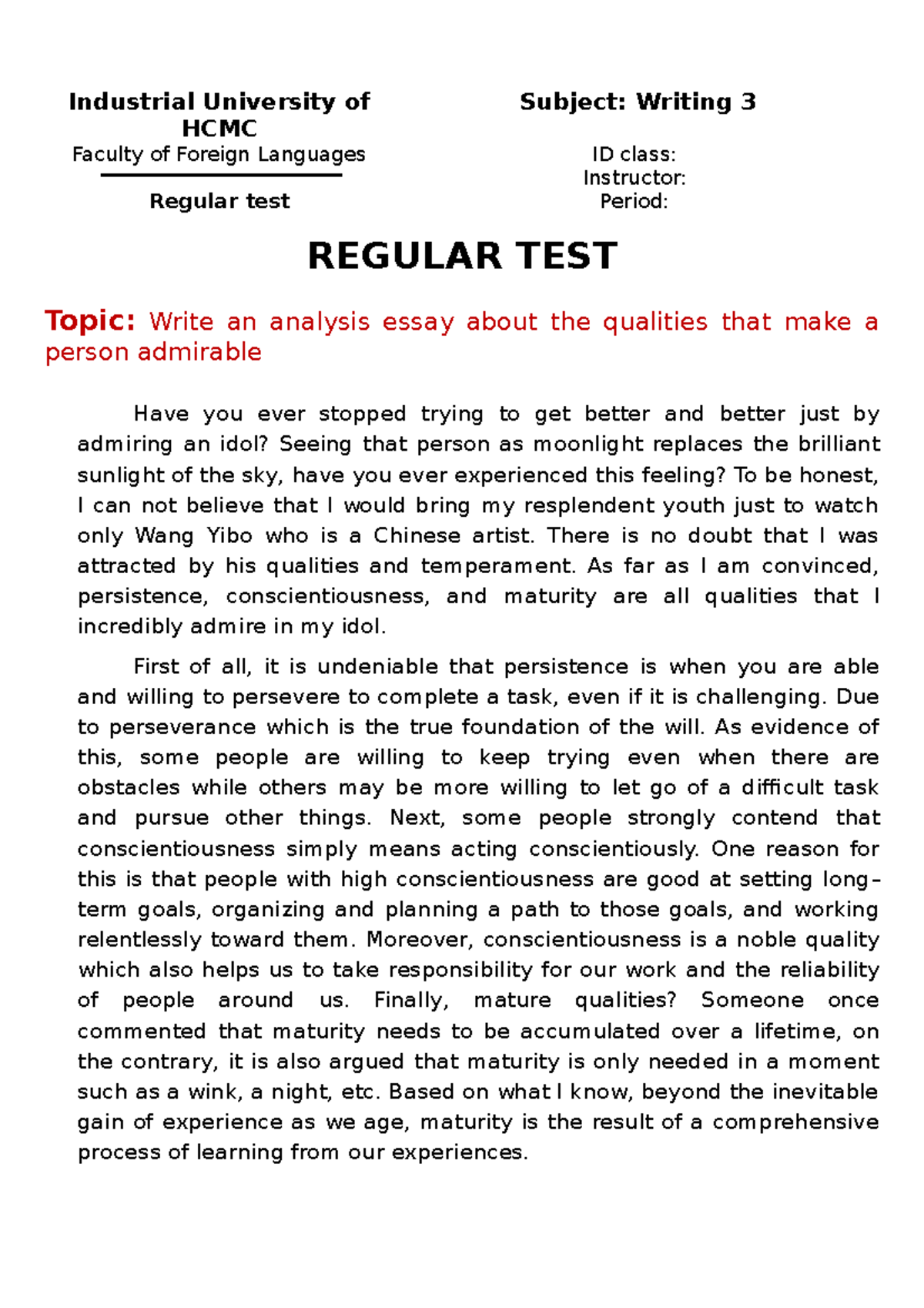 Writing 3 Regular Test Analysis Essay on Admirable Qualities - Studocu