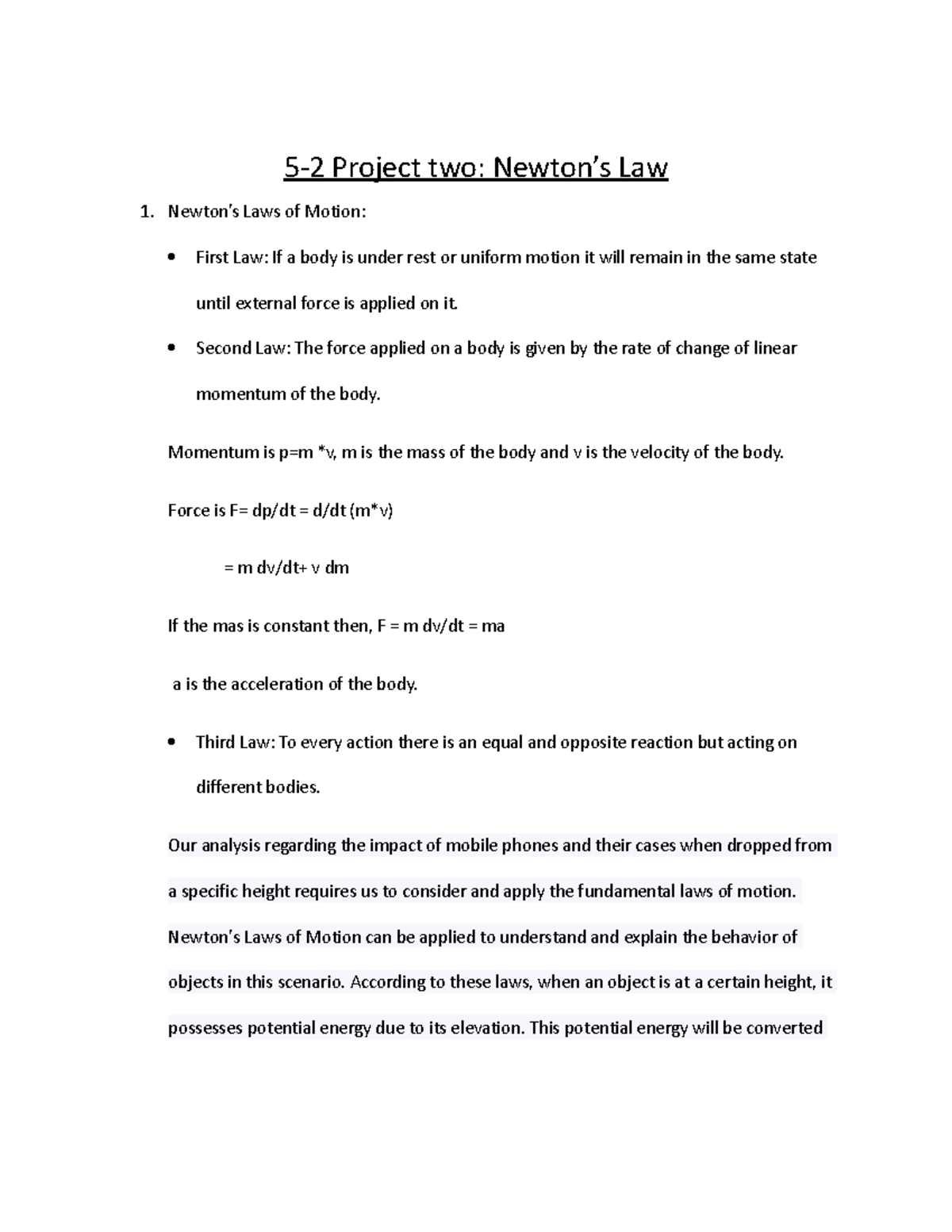 Newtons Law Lab - 5-2 Project two: Newton’s Law Newton’s Laws of Motion ...