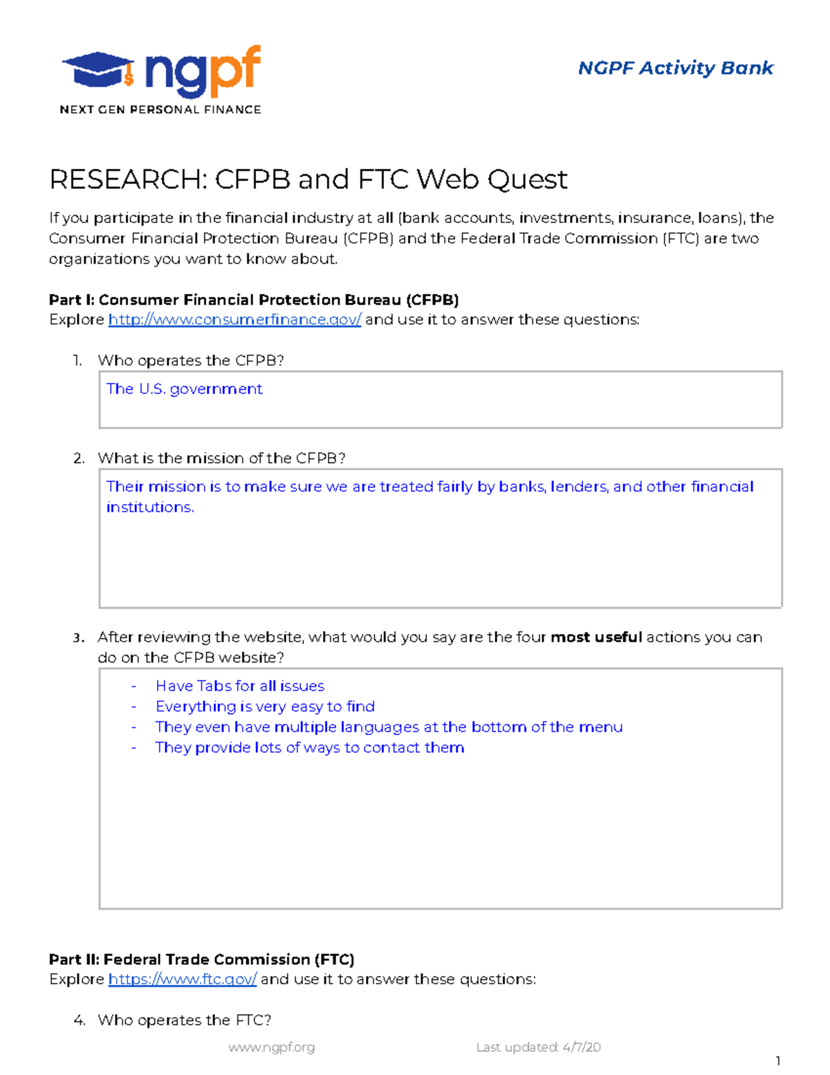 Consumer Protection Research: CFPB & FTC Web Quest - Studocu