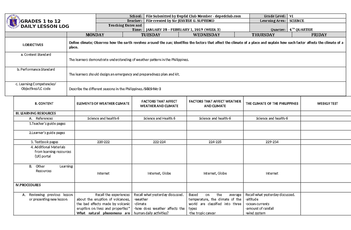DLL Science 6 Q4 W3 - GRADES 1 to 12 DAILY LESSON LOG School: File ...