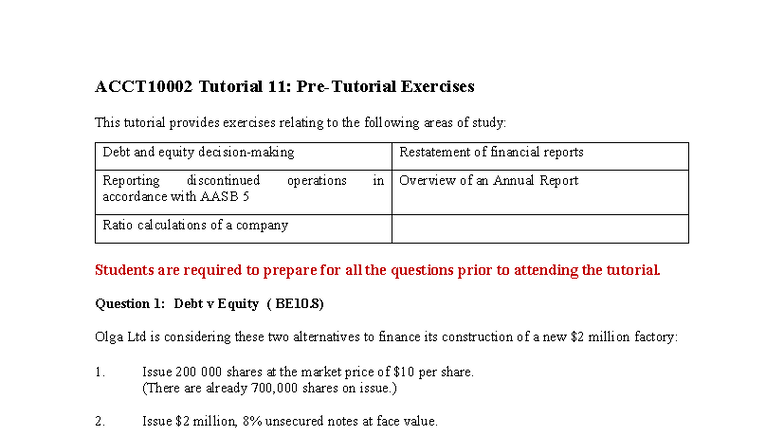ACCT10002 Tutorial 11: Pre-Tutorial Exercises on Debt, Equity, and ...