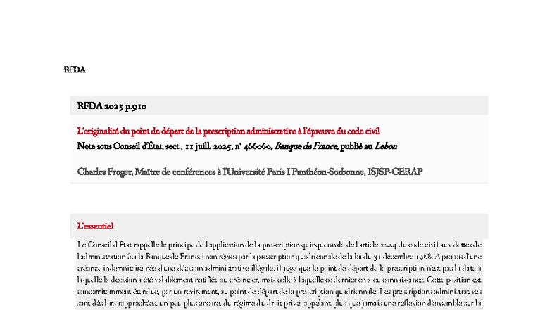 RFDA 2025: L'Originalité du Point de Départ de la Prescription ...