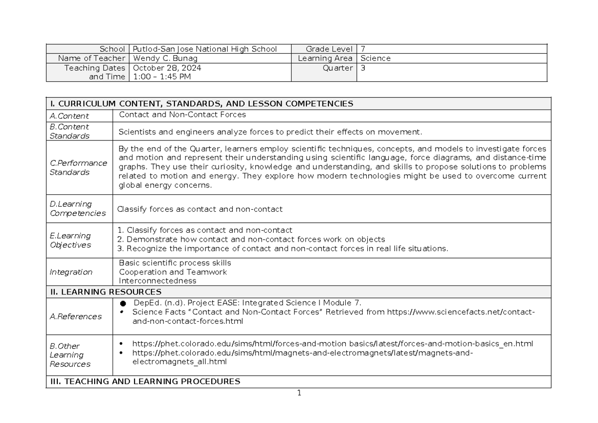 Format of Lesson Plan for Science Grade 7: Contact & Non-Contact Forces ...