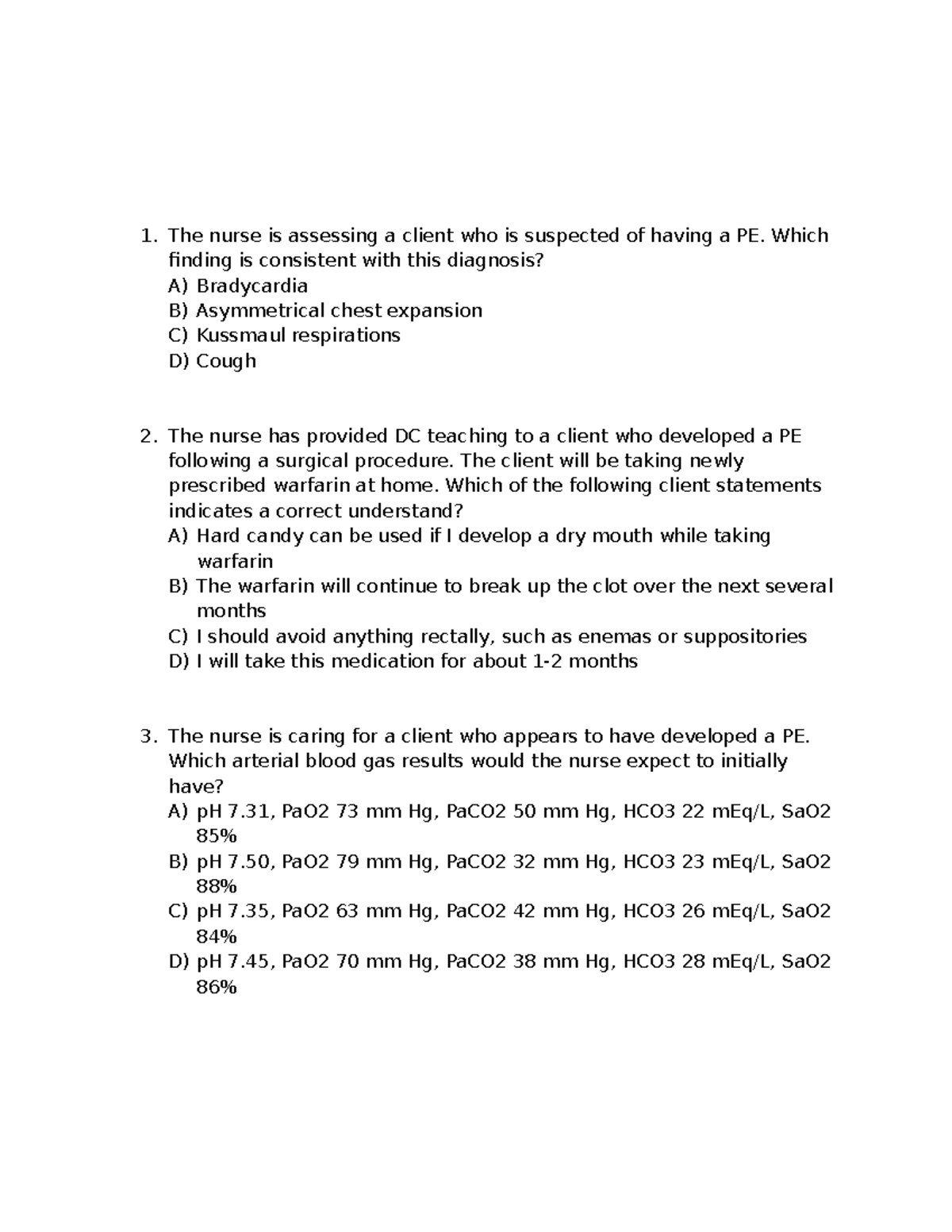 NUR 265 Exam 2 Practice Questions on Pulmonary Embolism and More - Studocu