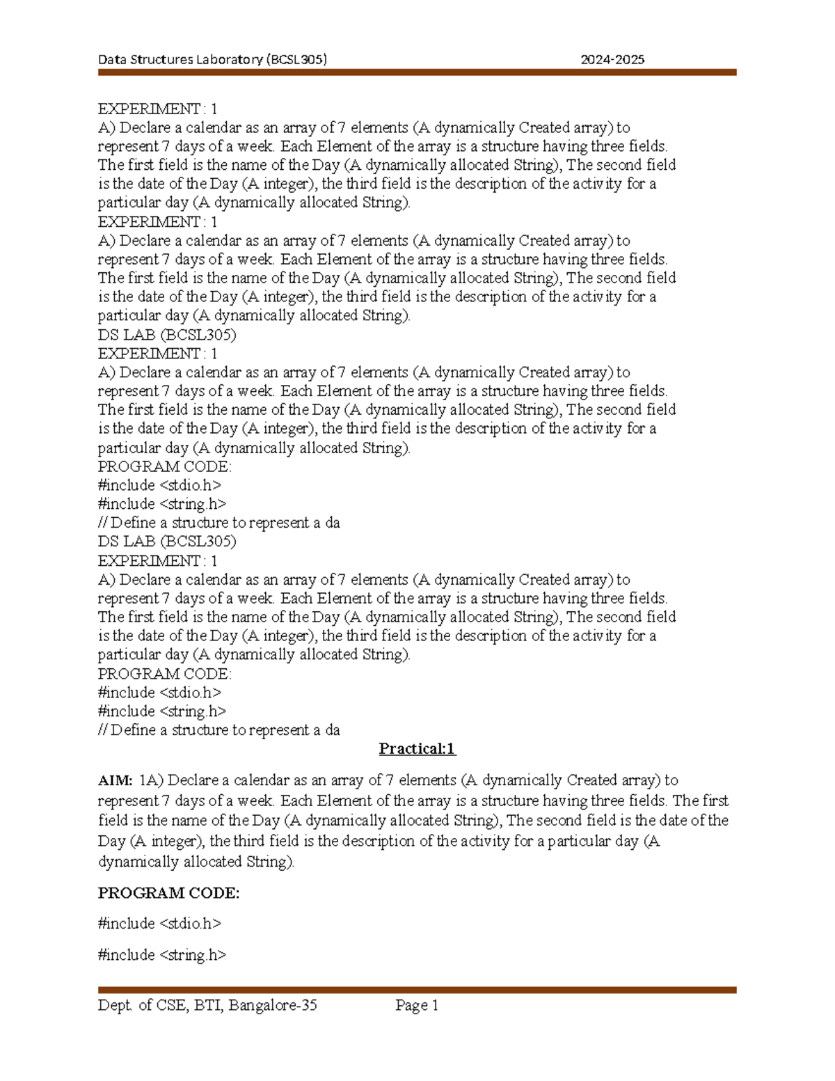 DS Lab Programs 1TO12 - EXPERIMENT: 1 A) Declare a calendar as an array ...