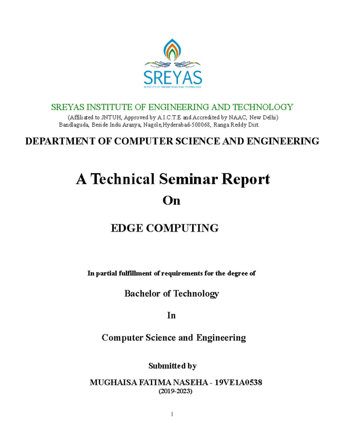 Technical Seminar Report on EDGE COMPUTING for B.Tech in CSE 19VE1A ...