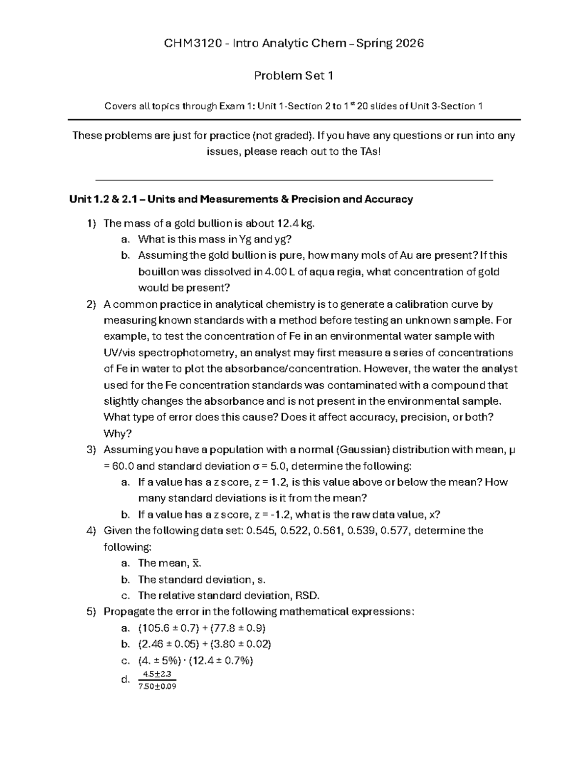 CHM3120 Intro to Analytical Chemistry Spring 2026 Problem Set 1 - Studocu