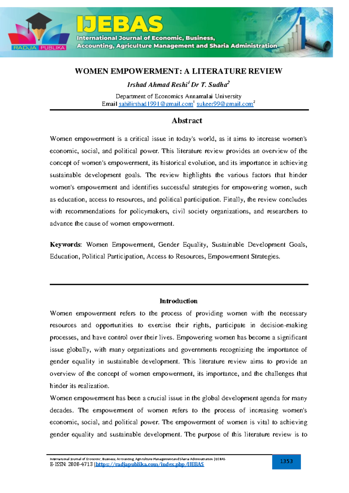 Women Empowerment: A Comprehensive Literature Review (ECO 101) - Studocu
