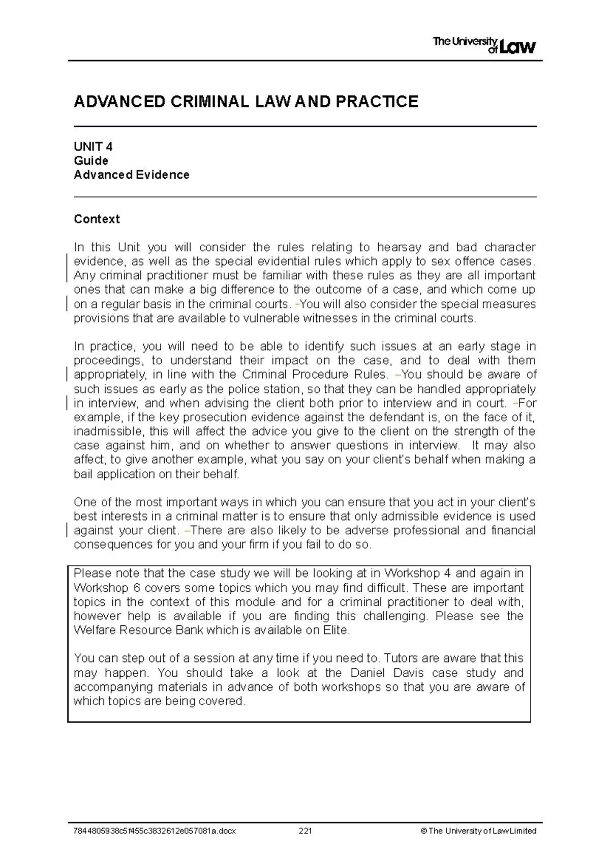 2122 ACP WS04 CE01 Advanced Criminal Evidence Workshop Guide - Studocu