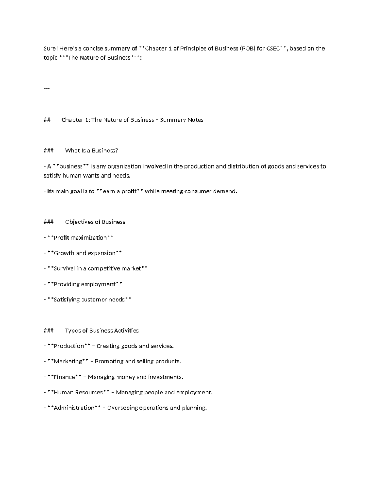 Chapter 1 Summary Notes: Nature of Business (POB) - Studocu