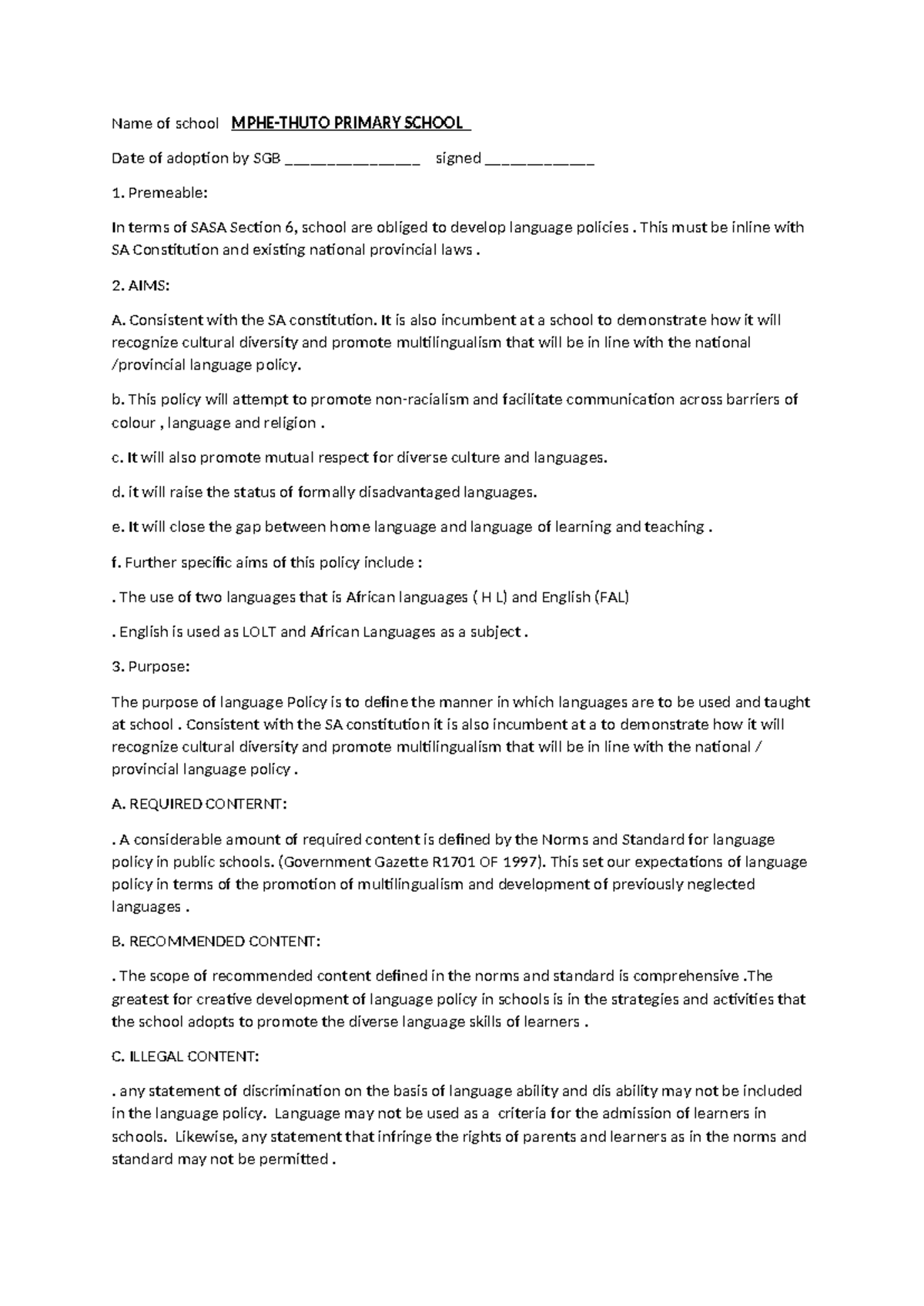 Language Policy Framework for Primary School (SGB Adoption) - Studocu