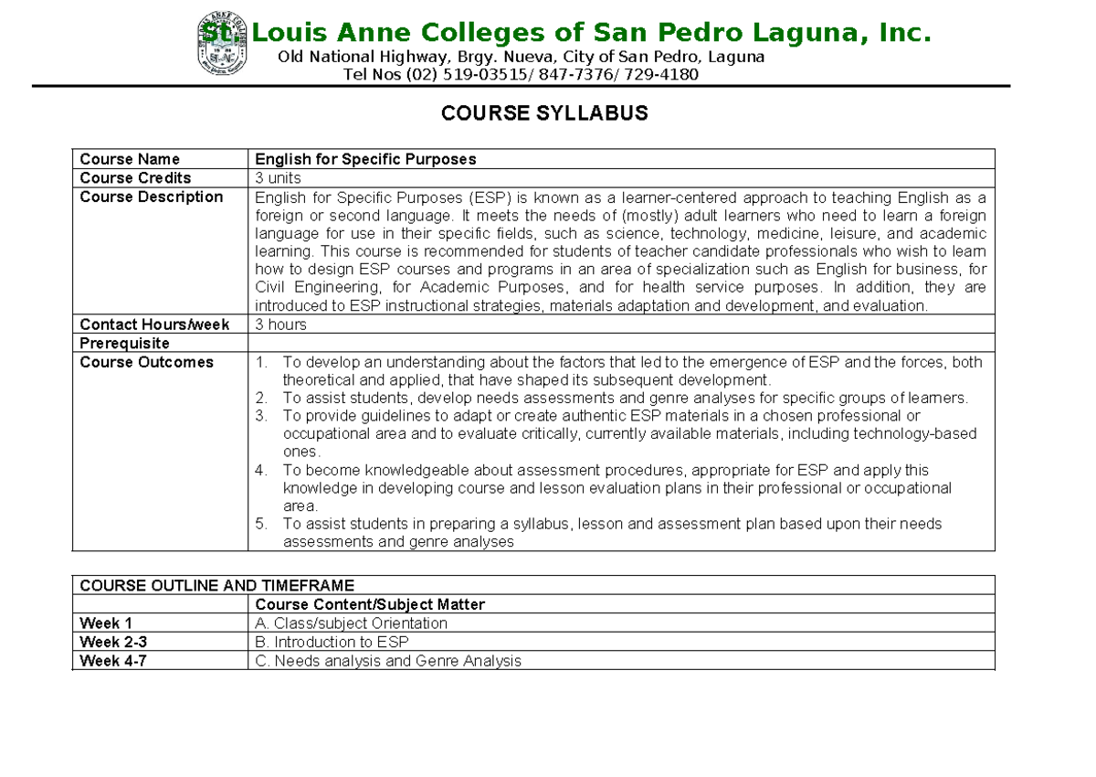 Syllabus for ESP (English for Specific Purposes) Course - Studocu