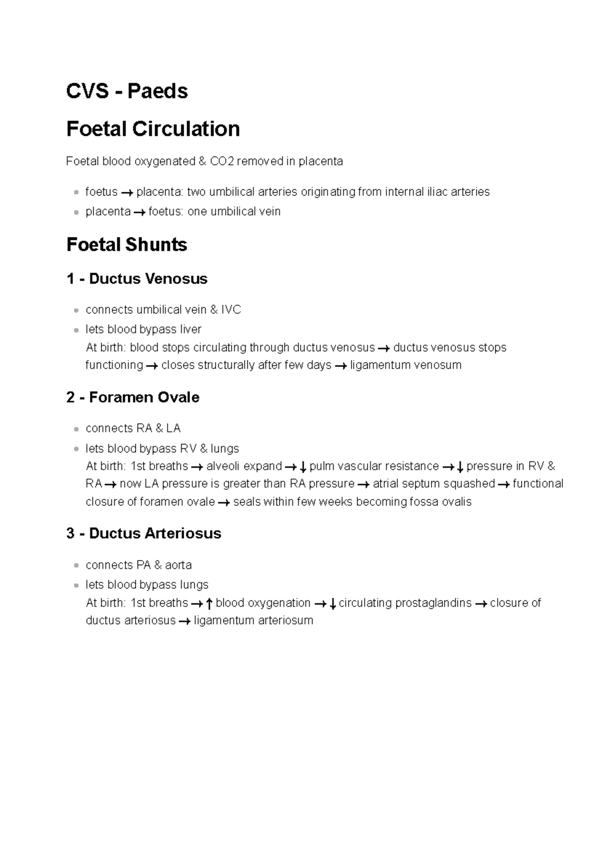 CVS - Paeds: Understanding Foetal Circulation and Heart Defects - Studocu