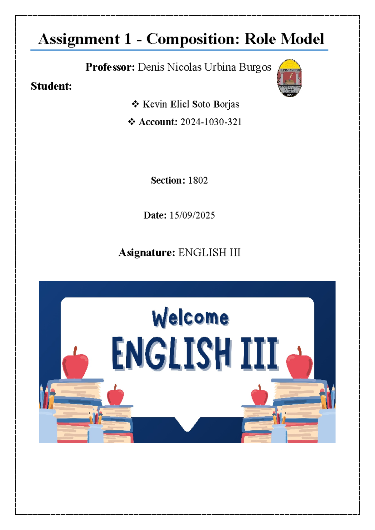 ENGLISH 1802: Assignment 1 - My Role Model Essay by Kevin Soto - Studocu
