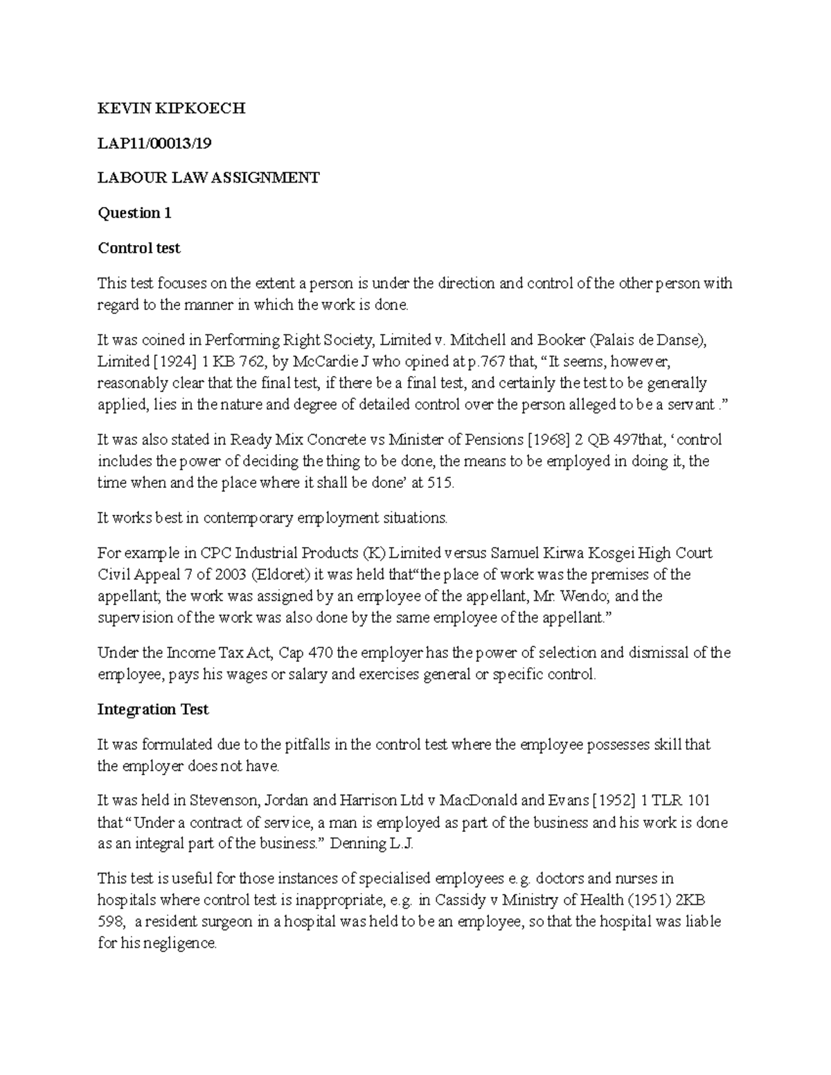 Labour Law Assignment: Key Tests and Legal Principles (LAP11) - Studocu