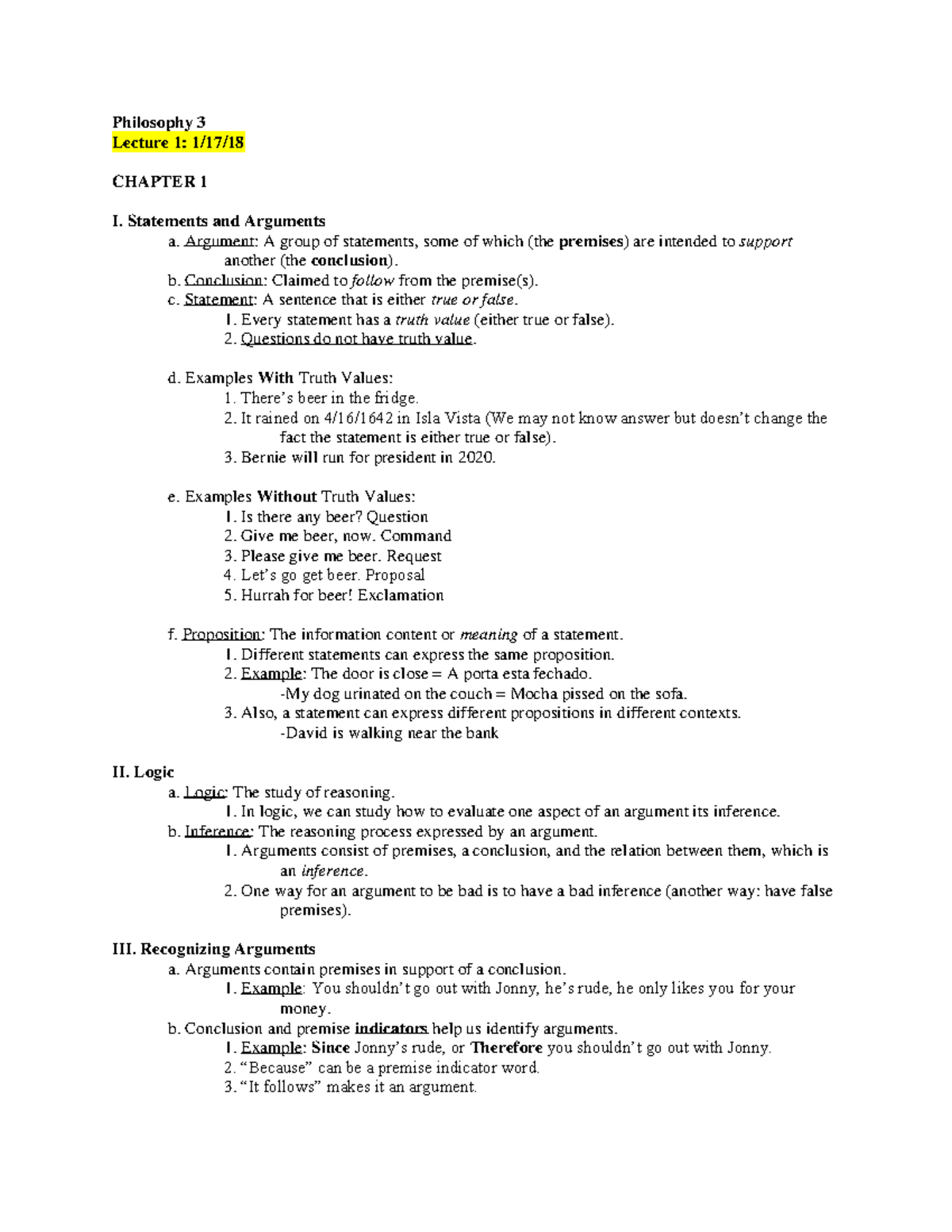 Phil 3 Midterm 1 Lecture Notes on Statements and Arguments - Studocu
