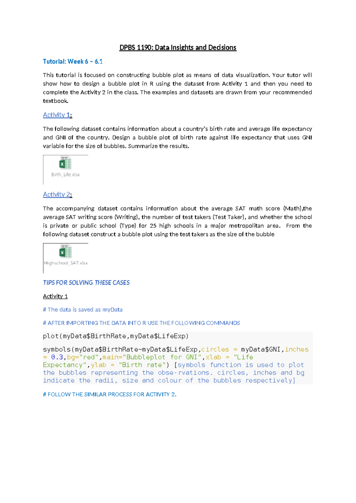 Tutorial activities - Week 6 - DPBS 1190: Data Insights and Decisions ...