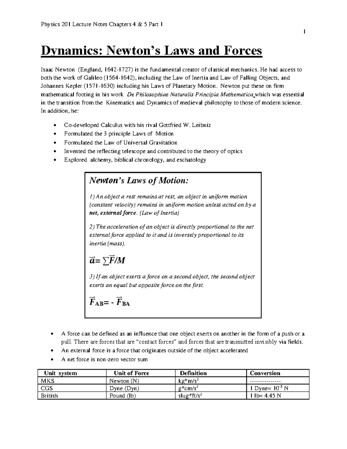 Physics 201 Lecture Notes: Dynamics & Newton's Laws (Chapters 4-5 ...