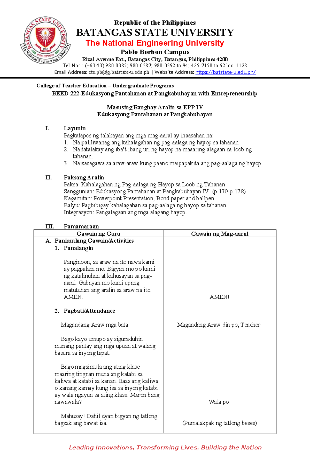 EPP IV Lesson Plan: Kahalagahan ng Hayop sa Tahanan - Studocu