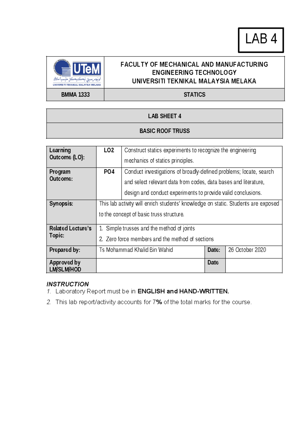 BMMA 1333 Lab 4: Basic Roof Truss Analysis and Findings (Sem 2 2324 ...