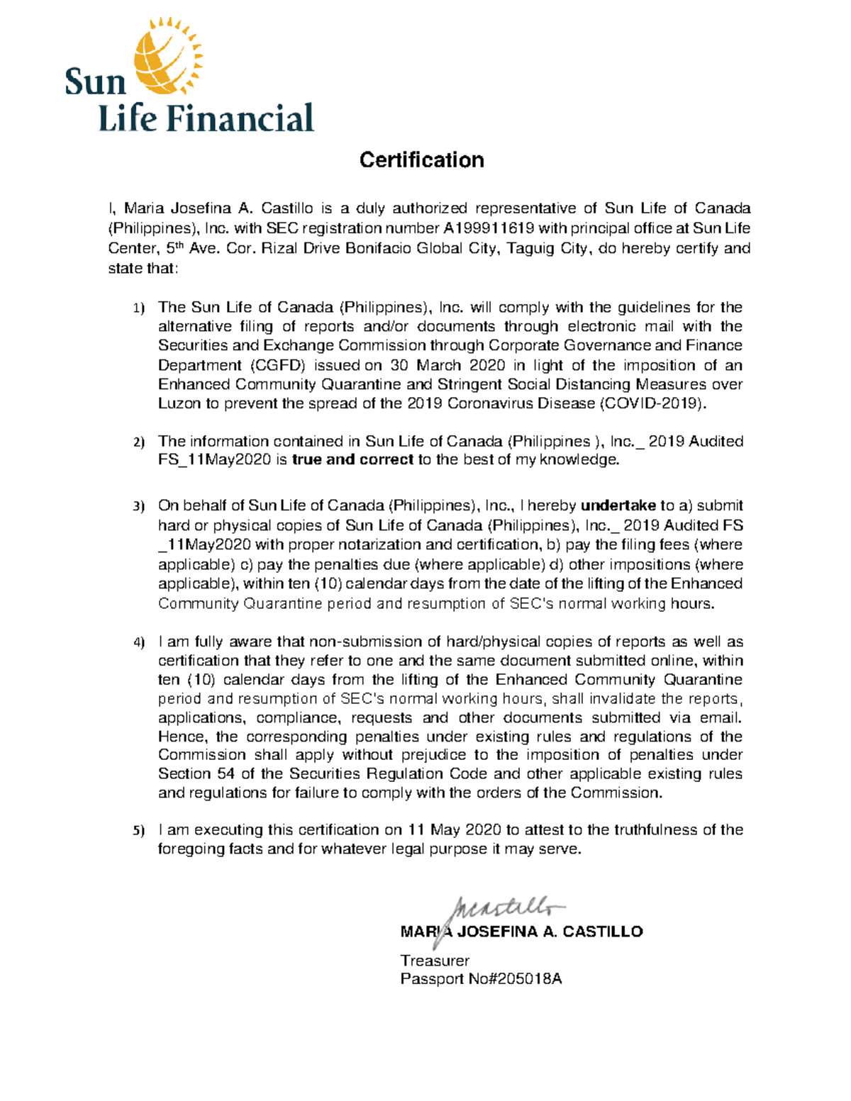Certification for 2019 Audited Financial Statements of Sun Life of ...