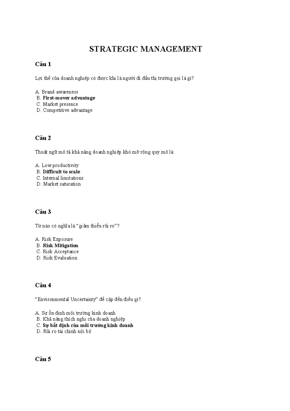 STRATEGIC MANAGEMENT Quiz Nhi: Key Concepts and Terms - Studocu