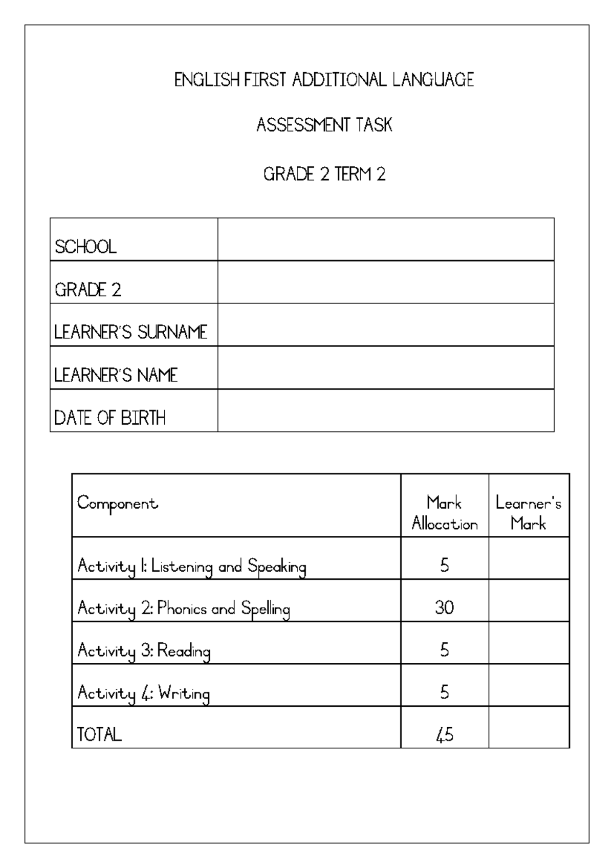 Assessment Task: EFAL Grade 2 Term 2 Overview and Marking Guide - Studocu
