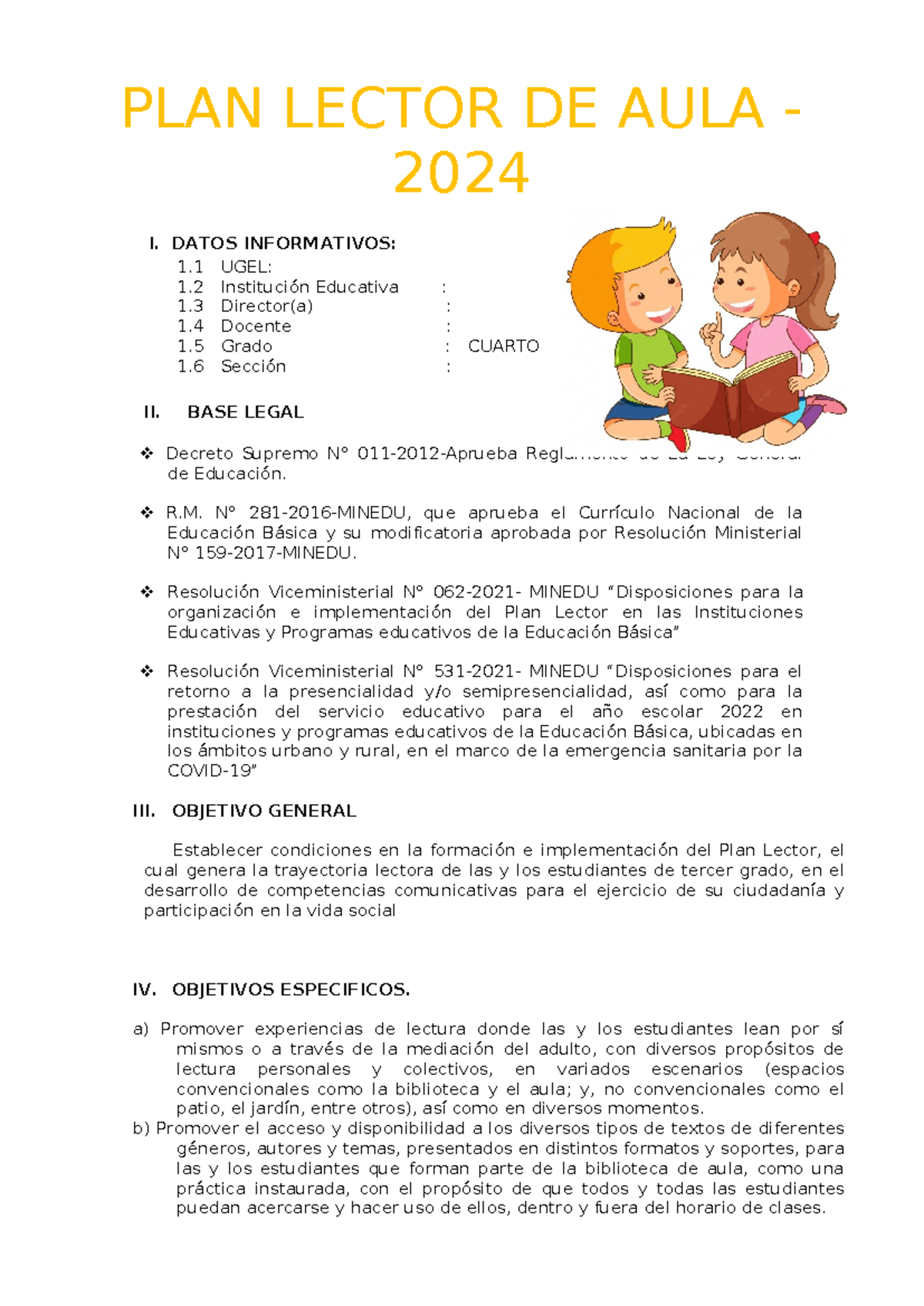 PLAN ANUAL DE LECTURA PARA NIÑOS DE 4TO GRADO DE EDUCACIÓN PRIMARIA ...