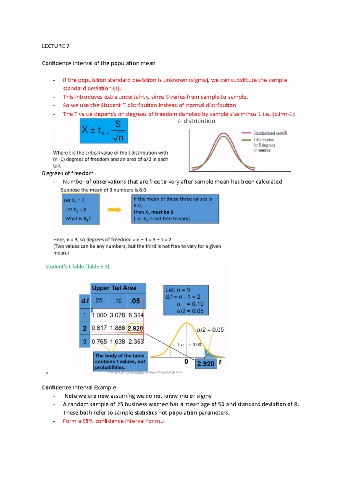 Lecture 7 - LECTURE 7 Confidence Interval of the population mean if the ...