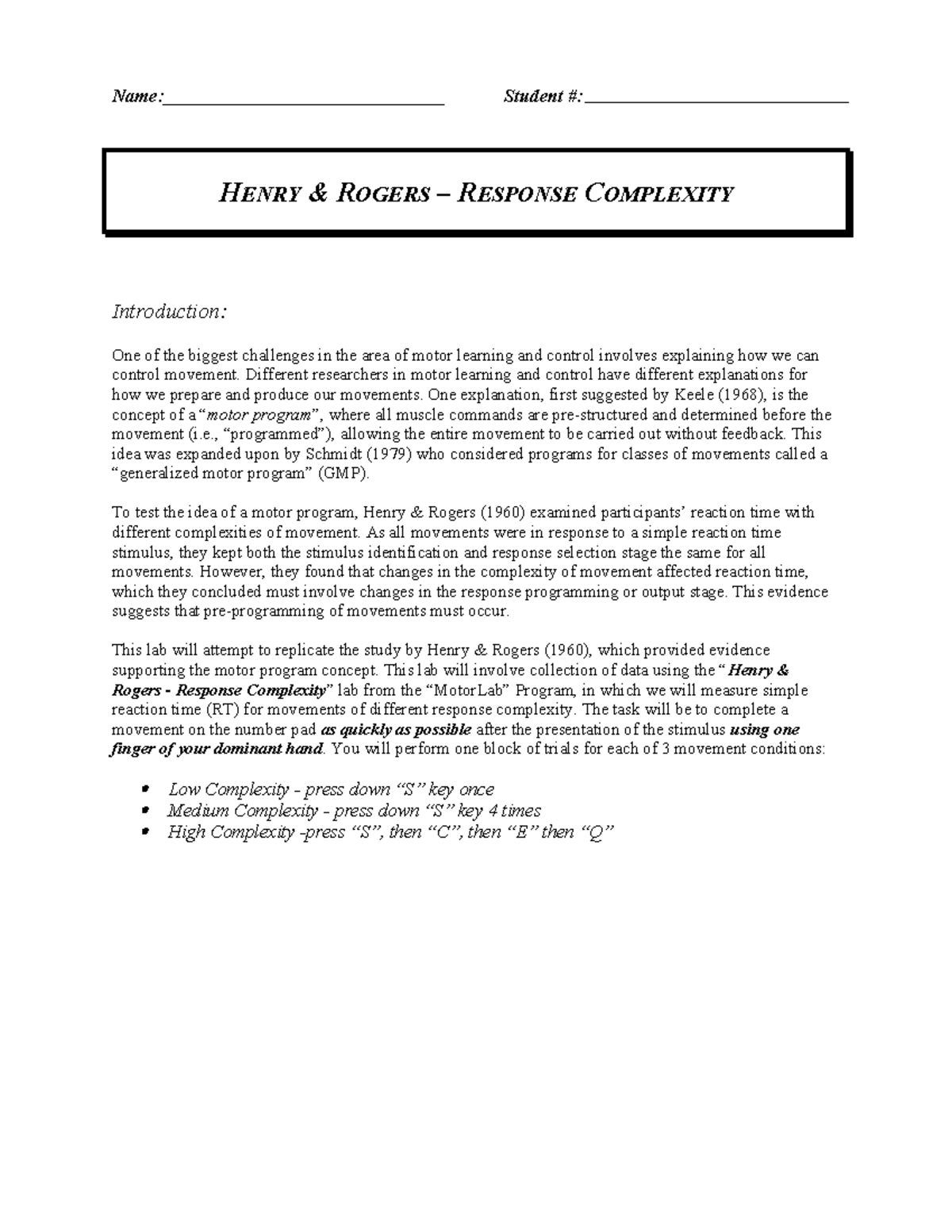 HENRY ROGERS RESPONSE COMPLEXITY: Lab Activity on Motor Learning - Studocu