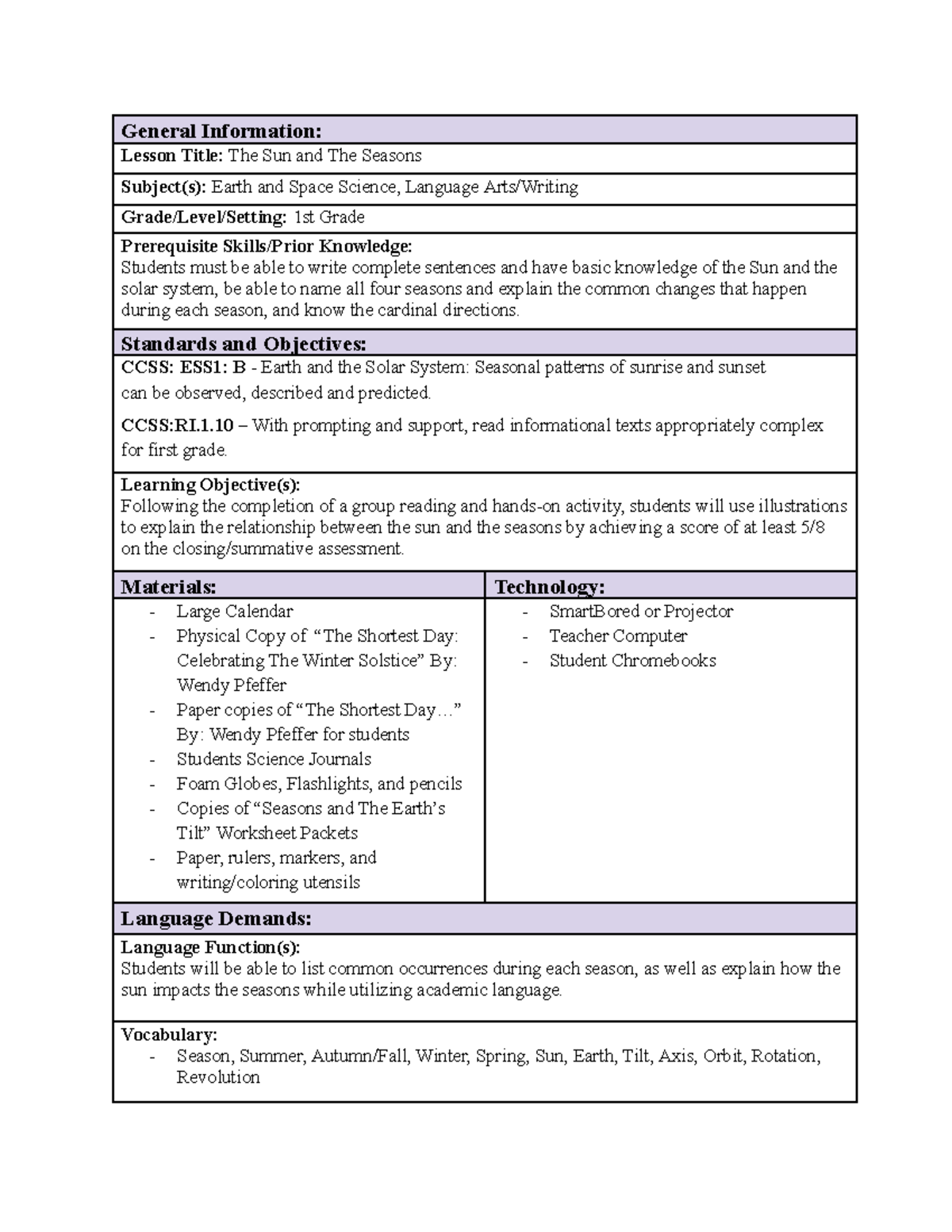 C732 Lesson Plan: The Sun and Seasons for 1st Grade Science - Studocu