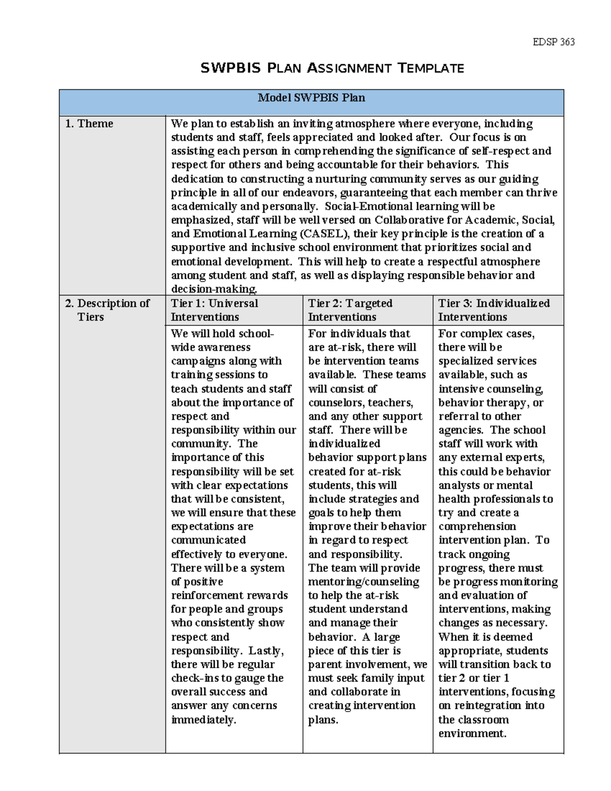 SWPBIS Plan Assignment for Positive School Environment Strategies - Studocu